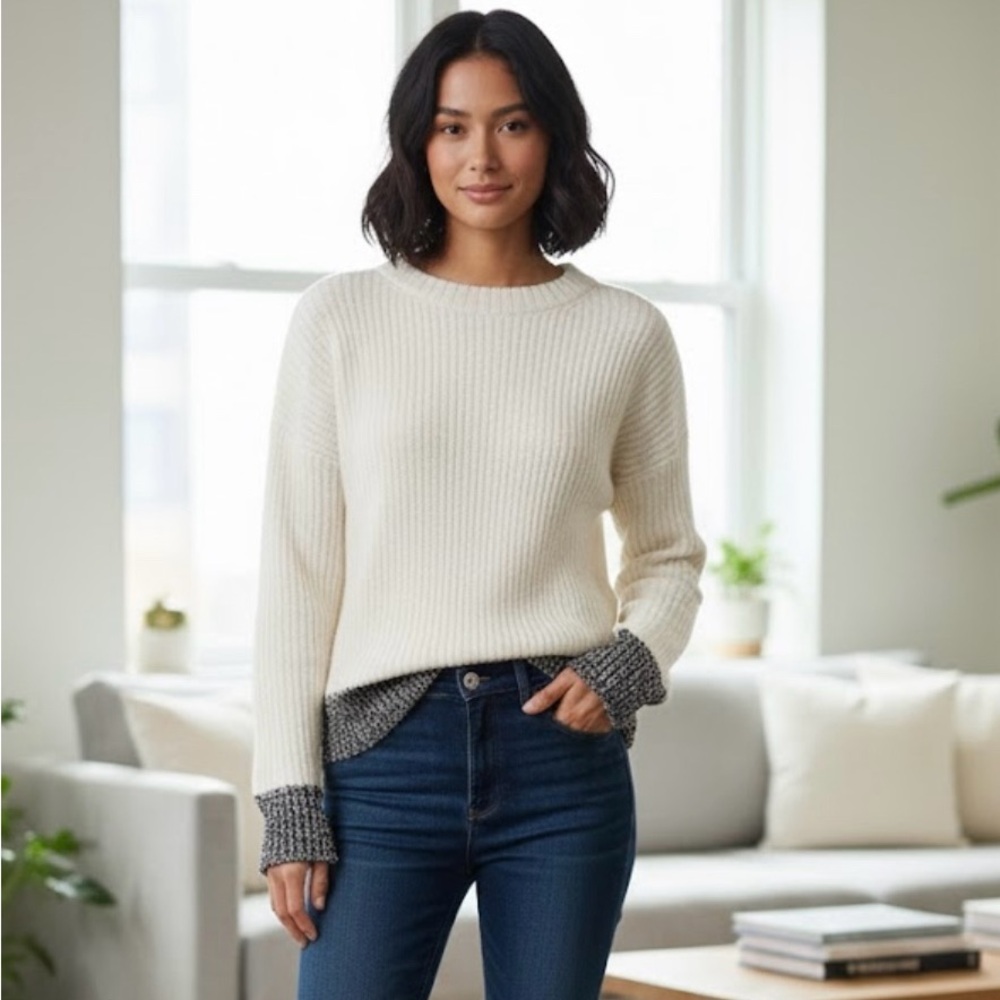 kate spade Ivory Crewneck Sweater with Charcoal Cuffs